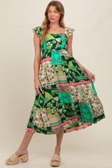 Green Patchwork Print Maternity Midi Dress