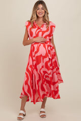 Red Abstract Print Collared Belted Maternity Dress