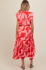 Red Abstract Print Collared Belted Maternity Dress