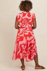 Red Abstract Print Collared Belted Dress