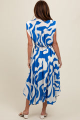 Blue Abstract Print Collared Belted Dress