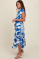 Blue Abstract Print Collared Belted Dress