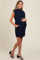 Navy Textured Knit Mock Neck Maternity Mini Dress