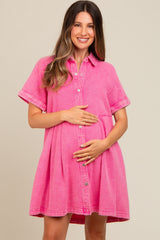 Pink Denim Button Down Maternity Mini Dress