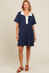 Navy Blue Contrast Collar Maternity Polo Dress