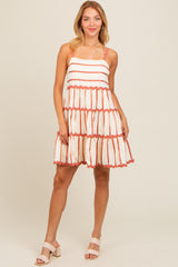 Rust Contrast Stripe Wavy Trim Dress