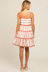 Rust Contrast Stripe Wavy Trim Dress