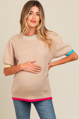 Beige Contrast Band Maternity Sweater