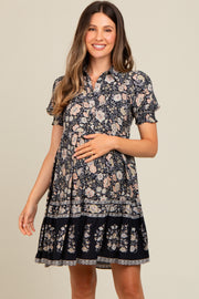 Black Floral Button Up Ruffle Hem Maternity Dress