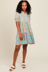 Light Blue Floral Button Up Ruffle Hem Dress