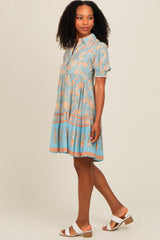 Light Blue Floral Button Up Ruffle Hem Dress