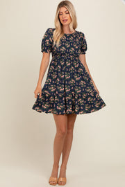 Navy Blue Floral Smocked Puff Sleeve Dress