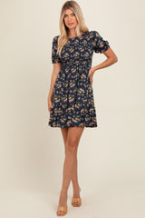 Navy Blue Floral Smocked Puff Sleeve Dress