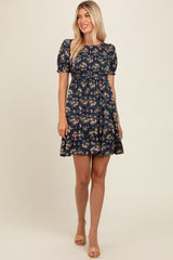 Navy Blue Floral Smocked Puff Sleeve Dress