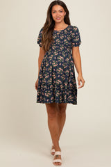 Navy Blue Floral Smocked Puff Sleeve Maternity Dress