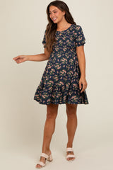 Navy Blue Floral Smocked Puff Sleeve Maternity Dress