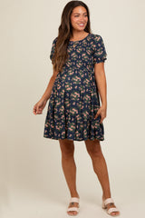 Navy Blue Floral Smocked Puff Sleeve Maternity Dress