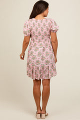 Light Pink Floral Smocked Puff Sleeve Maternity Dress