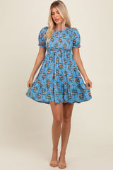 Blue Floral Smocked Puff Sleeve Dress