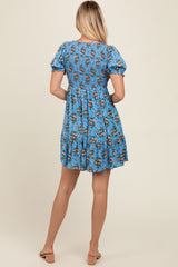 Blue Floral Smocked Puff Sleeve Dress