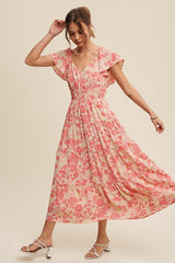 Light Mustard Floral Print V-Neck Ruffle Sleeve Maxi Dress