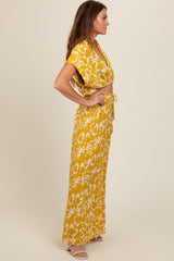 Yellow Printed Crop Shirt and Pants Set