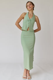 Sage Textured Knit Halter Top And Midi Skirt Set