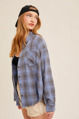 Dusty Blue Fringe Hem Oversized Plaid Button Down Shirt