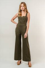 Dark Olive Sleeveless Fitted Jumpsuit With Pockets