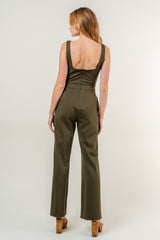 Dark Olive Sleeveless Fitted Jumpsuit With Pockets