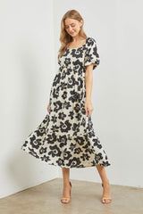 Black Floral Puff Sleeve Maternity Maxi Dress