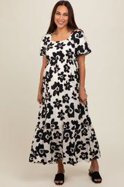 Black Floral Puff Sleeve Maternity Maxi Dress