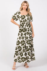 Olive Floral Puff Sleeve Maxi Dress