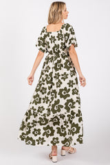 Olive Floral Puff Sleeve Maxi Dress