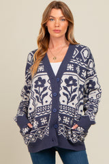 Navy Blue Printed Maternity Button Up Cardigan