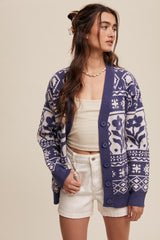 Navy Blue Printed Button Up Cardigan