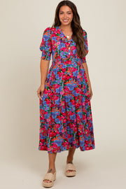 Blue Floral Smocked Waist Maternity Midi Dress