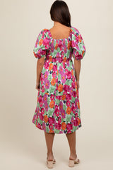 Magenta Floral Print Puff Sleeve Maternity Dress