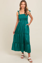 Forest Green Satin Smocked Maxi Dress