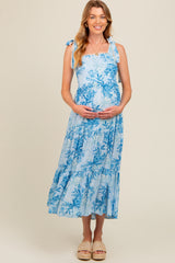 Blue Crochet Trim Floral Maternity Maxi Dress