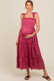 Mauve Satin Smocked Maternity Maxi Dress