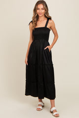 Black Satin Smocked Maxi Dress