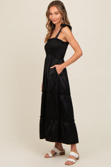 Black Satin Smocked Maxi Dress