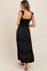 Black Satin Smocked Maxi Dress