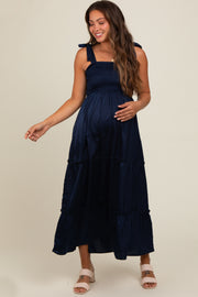 Navy Satin Smocked Maternity Maxi Dress