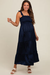 Navy Satin Smocked Maternity Maxi Dress