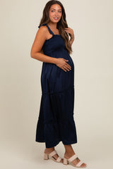 Navy Satin Smocked Maternity Maxi Dress