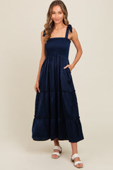 Navy Satin Smocked Maxi Dress