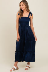 Navy Satin Smocked Maxi Dress