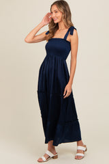 Navy Satin Smocked Maxi Dress